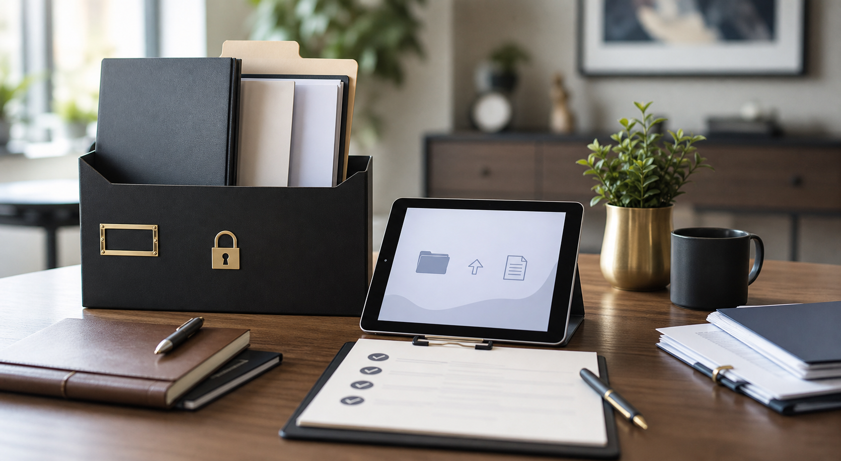 Secure client onboarding desk with document folders, tablet, checklist, and pen.