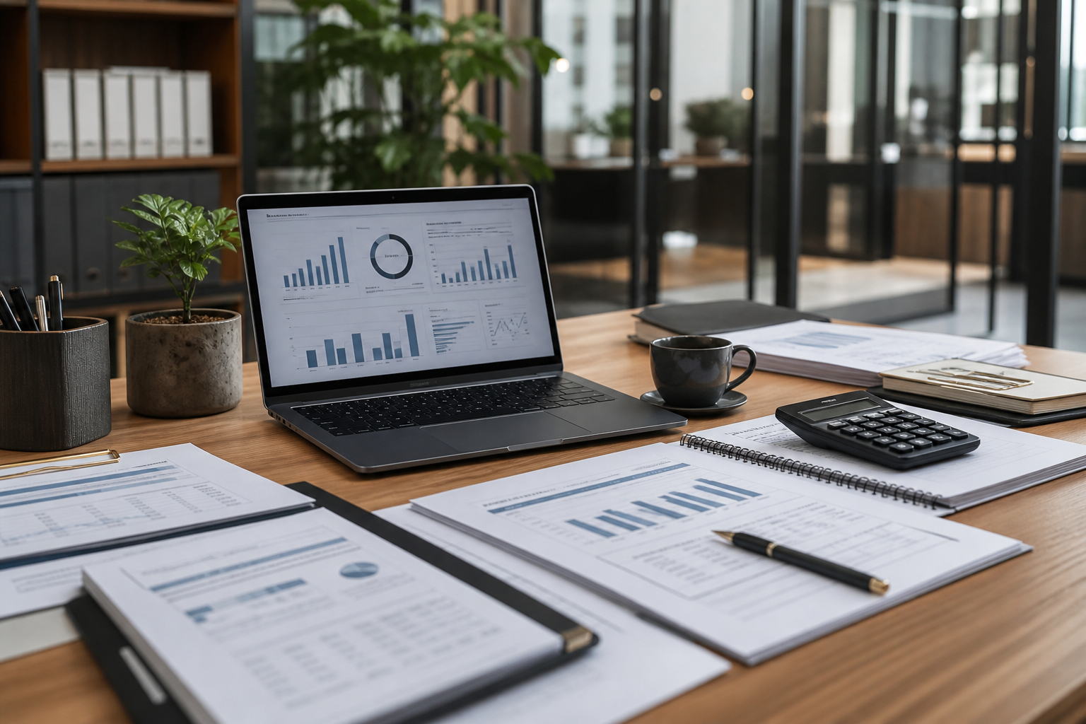 Organized accounting reports, laptop, and financial documents in a modern CPA office.