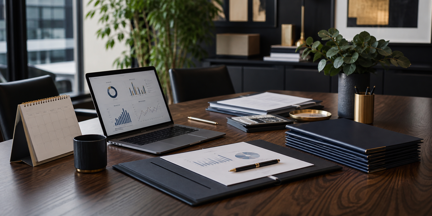 Tax planning documents, calendar, laptop charts, and folders on a refined conference table.